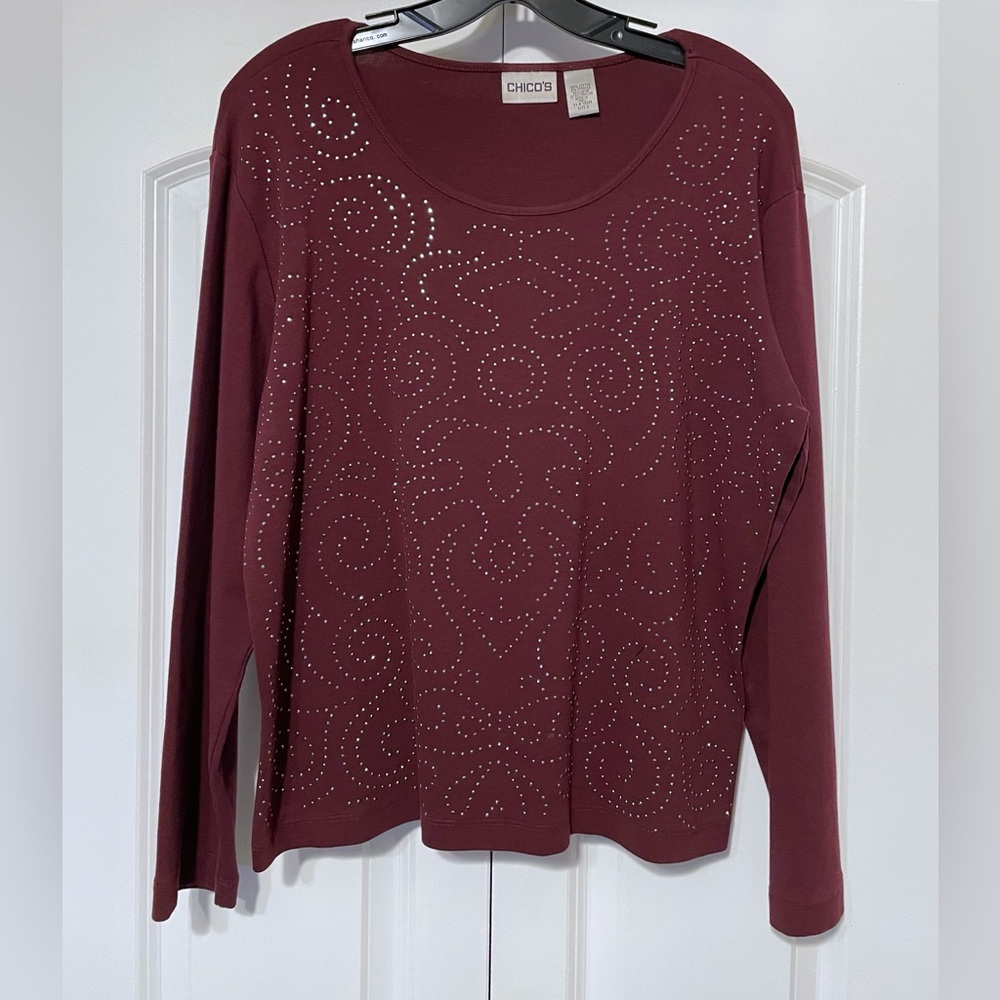 Chico’s Embellished Long Sleeve Burgundy Top Sz 3 (XL/16) - Picture 1 of 8